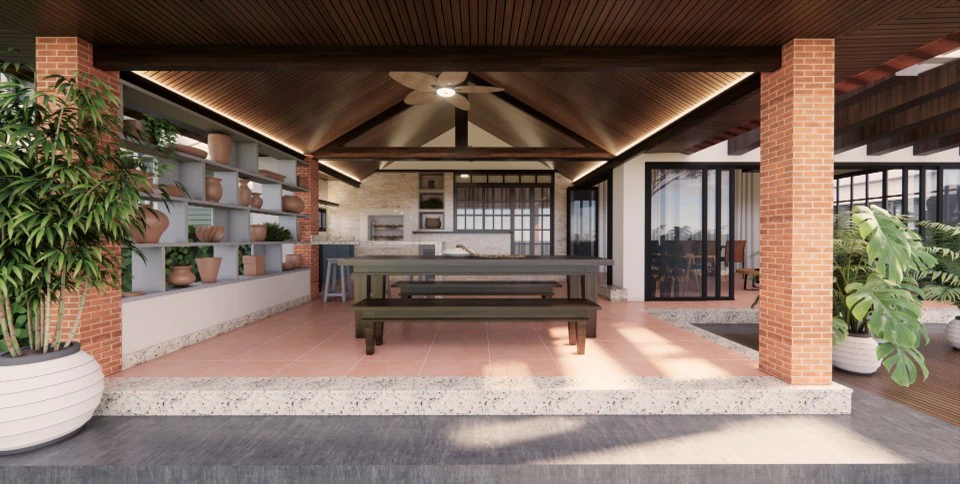 Varanda gourmet com tijolo aparente e estrutura em madeira — Projeto CL