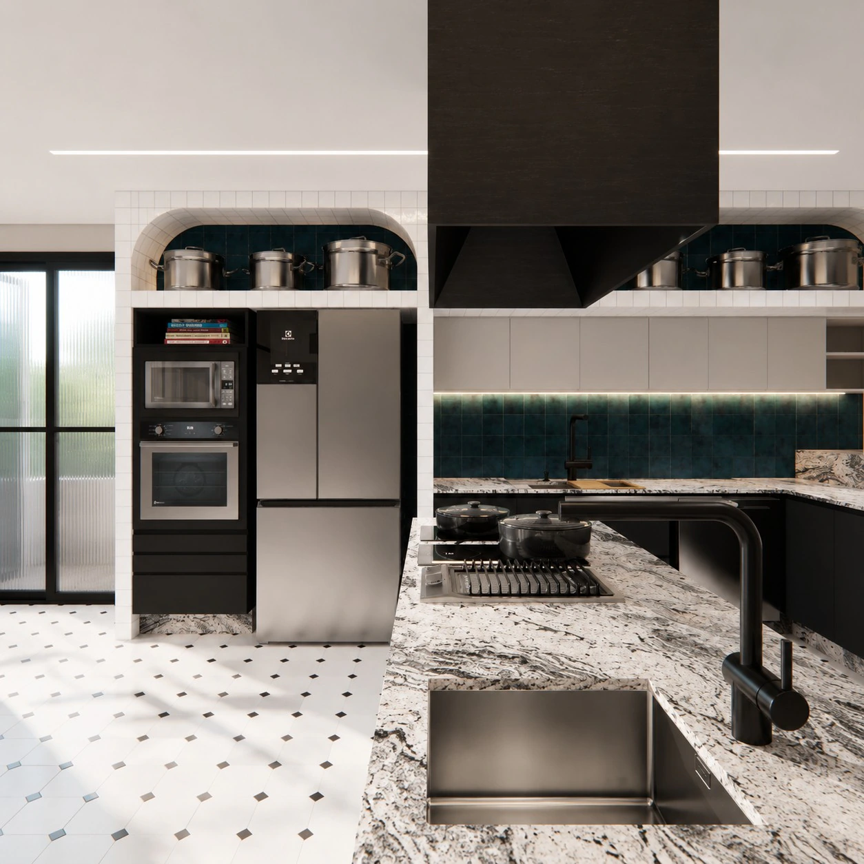 Cozinha com arcos em azul profundo — Projeto Fer