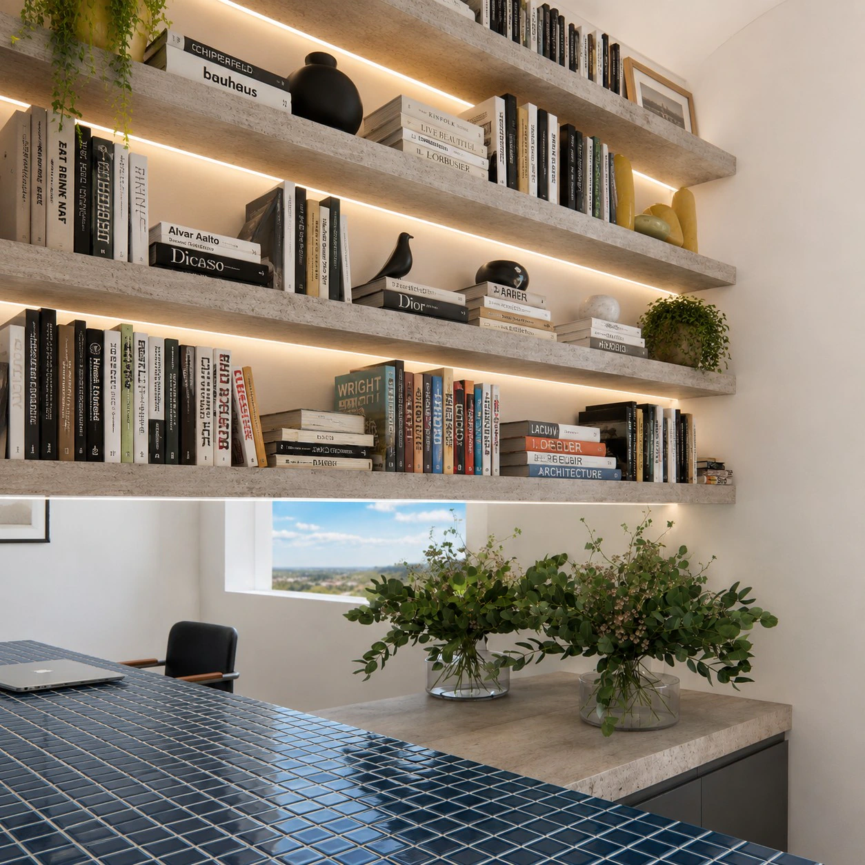Biblioteca com estantes iluminadas — Projeto Fer