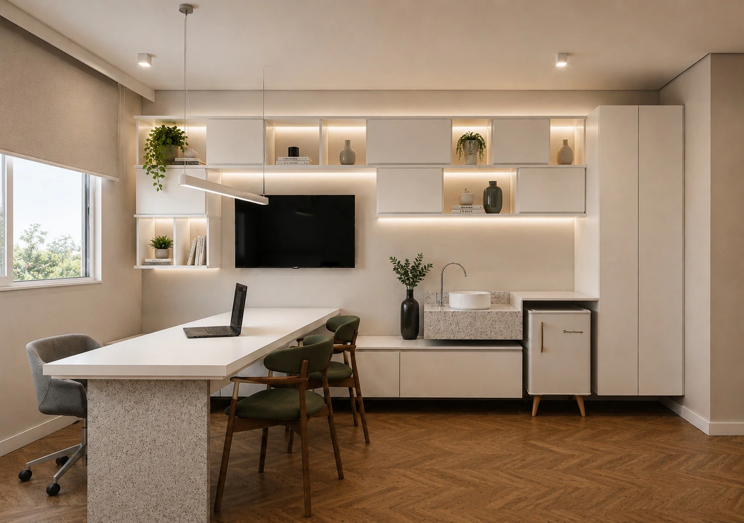Sala de atendimento com marcenaria iluminada — Projeto Isa