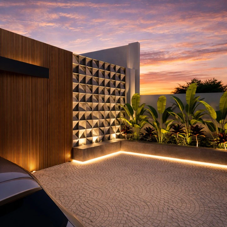 Cobogó geométrico e jardim tropical iluminados — Projeto Joá