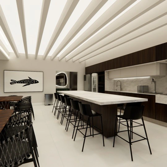 Cozinha com bancada longa e banquetas — Projeto Joá
