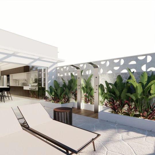 Terraço com espreguiçadeira e jardim — Projeto Joá